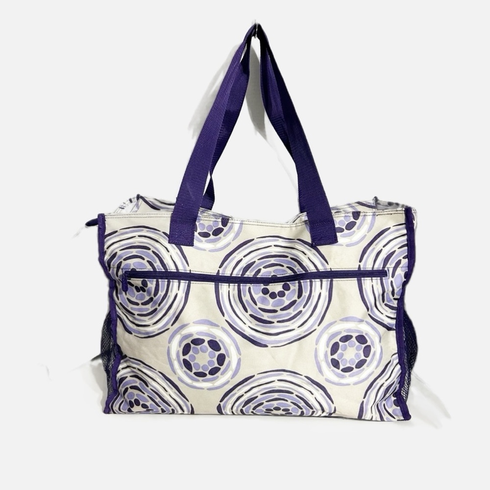 Thirty One Geo Pop Pattern Purple and White Canvas Tote Zip Closure Top Handles